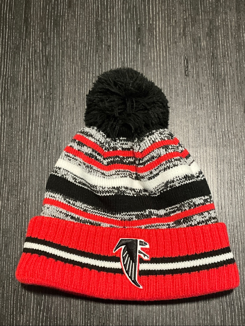 Atlanta Falcons NFL Red, Black & White Striped Pom Beanie - Men’s